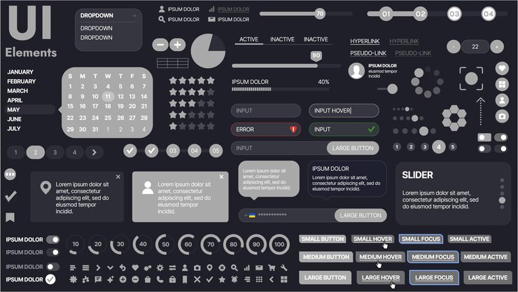 Vector un kit de interfaz de usuario moderno con una colección de botones, iconos, menús de navegación y elementos de diseño receptivos incluye formularios de inicio de sesión, reproductores de medios, barras de búsqueda y calendarios ideales para aplicaciones y sitios web