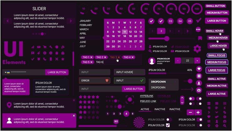 Vector un kit de interfaz de usuario moderno con una colección de botones, iconos, menús de navegación y elementos de diseño receptivos incluye formularios de inicio de sesión, reproductores de medios, barras de búsqueda y calendarios ideales para aplicaciones y sitios web