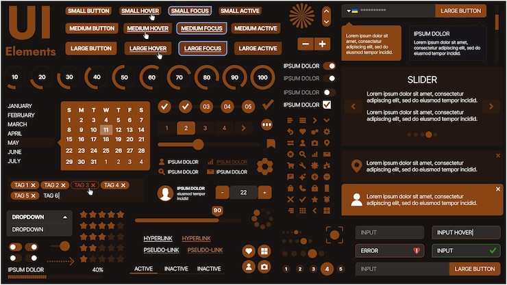 Vector un kit de interfaz de usuario moderno con una colección de botones, iconos, menús de navegación y elementos de diseño receptivos incluye formularios de inicio de sesión, reproductores de medios, barras de búsqueda y calendarios ideales para aplicaciones y sitios web