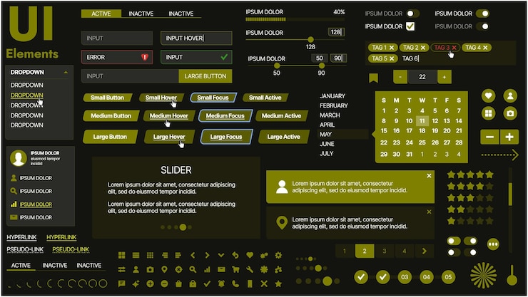 Vector un kit de interfaz de usuario moderno con una colección de botones, iconos, menús de navegación y elementos de diseño receptivos incluye formularios de inicio de sesión, reproductores de medios, barras de búsqueda y calendarios ideales para aplicaciones y sitios web