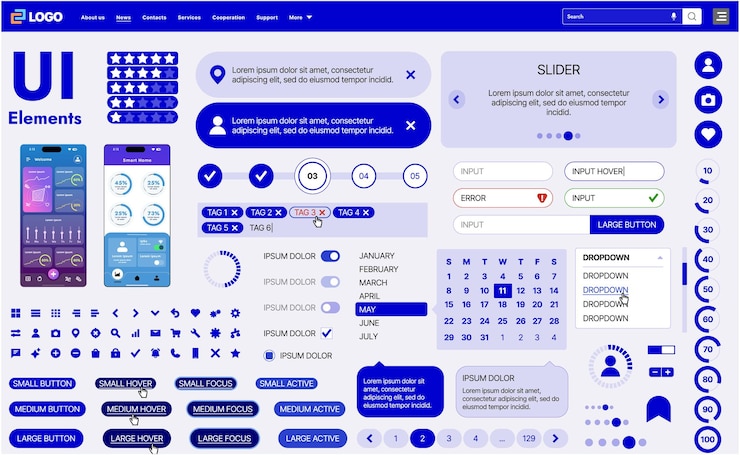 Vector un kit de interfaz de usuario moderno con una colección de botones, iconos, menús de navegación y respuesta