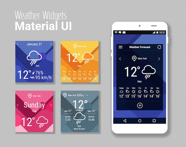 Kit de interfaz de usuario de widgets meteorológicos de aplicación móvil de moda, sobre fondo de material moderno, con teléfonos inteligentes e iconos de líneas en negrita