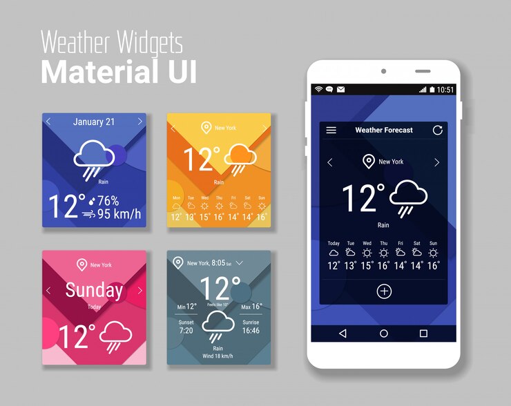 Vector kit de interfaz de usuario de widgets meteorológicos de aplicación móvil de moda, sobre fondo de material moderno, con teléfonos inteligentes e iconos de líneas en negrita