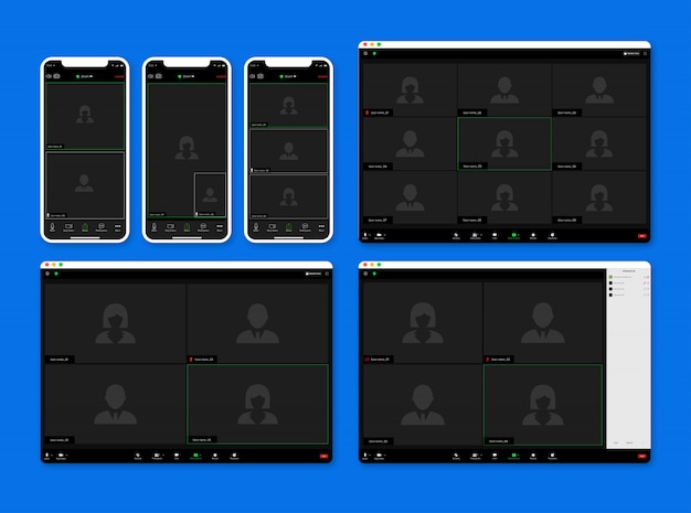 Vector kit de interfaz de usuario de zoom meetings video call app, plantilla de pantalla de llamada.