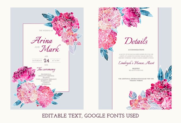 Kit de invitación de boda editable decorado con botánicos de tinta alcohólica pintados a mano