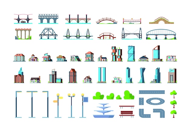 Kit de mapa de la ciudad Edificios de la ciudad casas árboles caminos infraestructura urbana señales transporte autobuses y automóviles elementos del paisaje hierba y rocas ilustraciones planas vectoriales llamativas