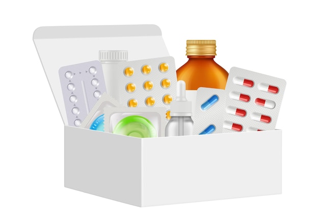 Vector kit de medicamentos. botiquín de primeros auxilios, píldoras realistas, botellas de condones. embalaje de cartón blanco 3d aislado con ilustración de vector de drogas. kit de caja de ayuda médica, equipo de emergencia de medicina