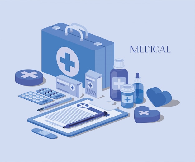 Kit médico con orden en lista de verificación y set de iconos