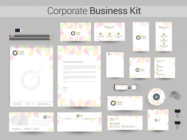 Kit de negocios corporativos con hojas de colores.
