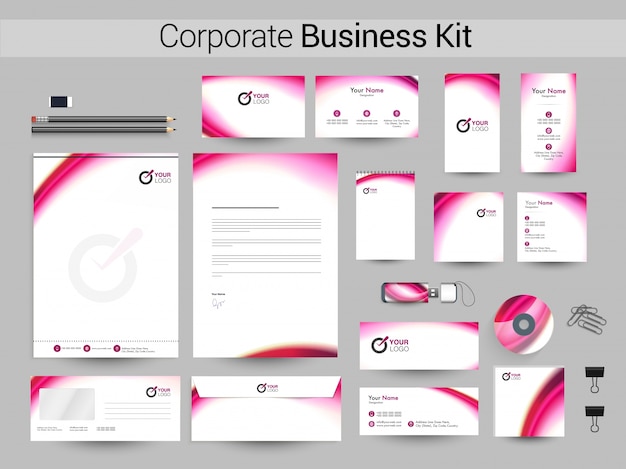 Kit de negocios corporativos con ondas de color rosa.