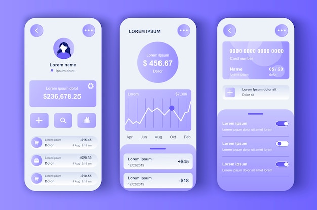 Kit neomórfico único de banca en línea. aplicación inteligente de finanzas con gestión de transacciones y visualización de actividades de la cuenta. iu de gestión financiera, conjunto de plantillas ux. gui para aplicaciones móviles receptivas.