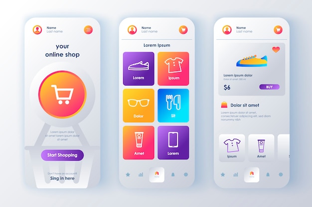 Kit neomórfico único de compras en línea. aplicación de compras con cesta de pedidos, descripción del producto y precio. plataforma de mercado de internet ui, conjunto de plantillas ux. gui para aplicaciones móviles receptivas.