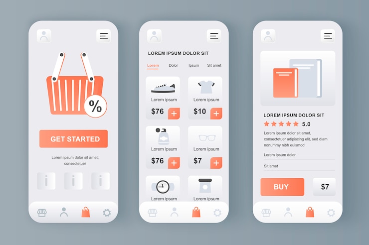 Vector kit neomórfico único para compras en línea para la aplicación. plataforma de compras con sección de compras, descripción y precios. iu del mercado de internet, conjunto de plantillas ux. gui para aplicaciones móviles receptivas.