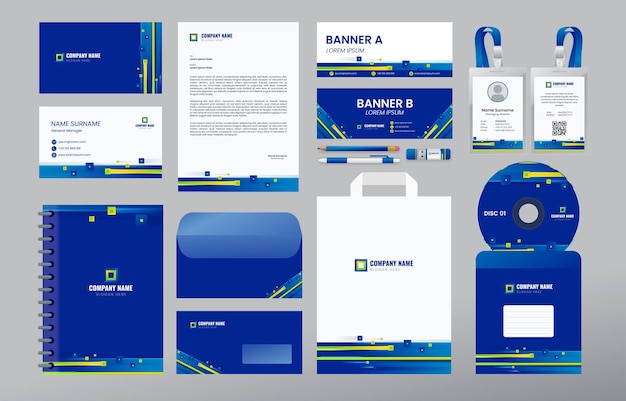 Kit de papelería empresarial azul con líneas rectas de colores degradados.