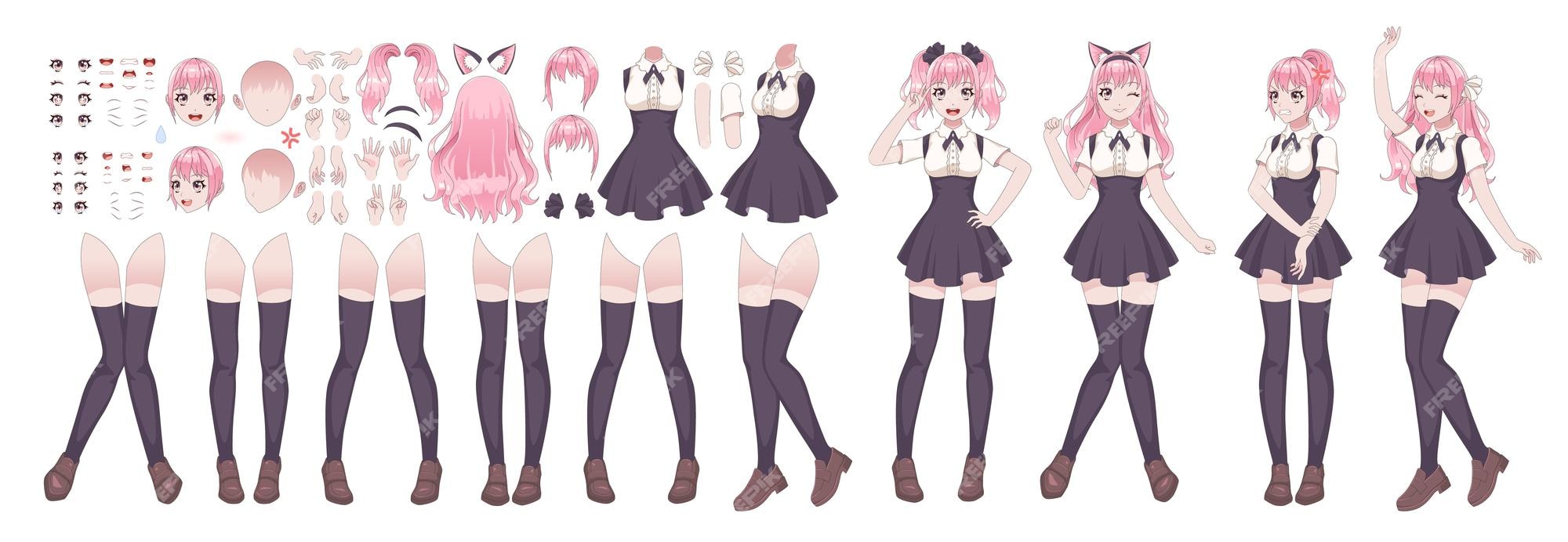 Kit de personajes anime girls. manga, japonés, joven, con, vario, cara, emociones, manos, y, piernas, posición, peinados, kawaii, adolescente asiático, en, cosplay, ropa, vector, cómico, hembra, caricatura, conjunto