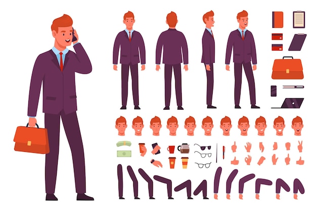 Kit de personajes de dibujos animados de hombre de negocios Empleado de oficina diferentes posturas diversas emociones partes del cuerpo separadas en diferentes posiciones Hombre en traje estricto accesorios de oficina objetos y herramientas conjunto vectorial