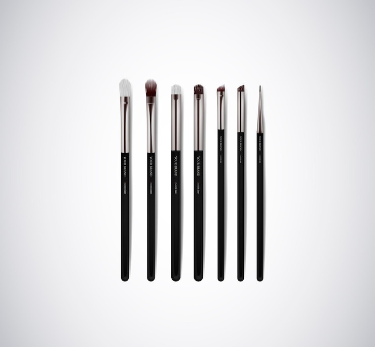 Vector kit de pinceles de maquillaje profesional para corrector, rubor en polvo, sombra de ojos o plantillas de marca aisladas para cejas