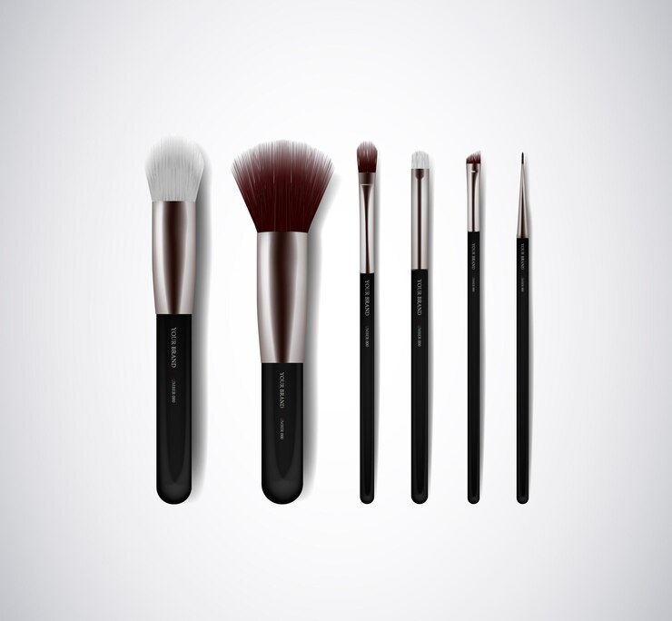 Vector kit de pinceles de maquillaje profesional para corrector, rubor en polvo, sombra de ojos o plantillas de marca aisladas para cejas
