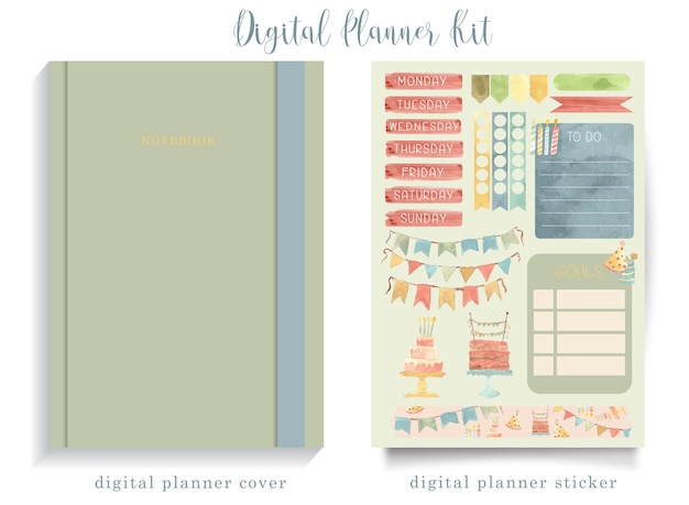 kit de planificador digital de acuarela con widgets de pegatinas y edición de cumpleaños de portada de libro