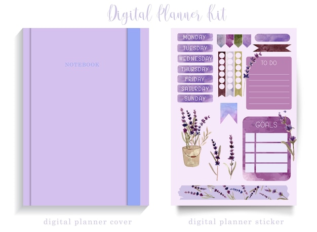 Vector kit de planificador digital de lavanda en cubo de acuarela con tapa de cuaderno y pegatinas de acuarela