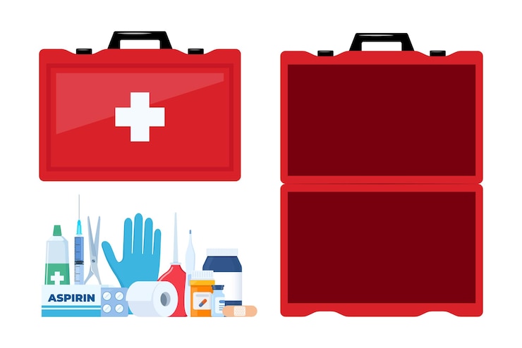 Vector kit de primeros auxilios para ambulancias, vehículos de emergencia, viajes de oficina, artículos de ayuda médica
