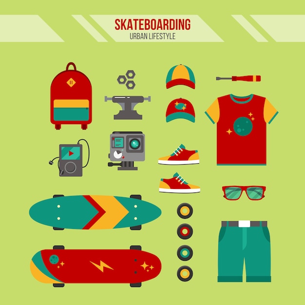 Kit de skateboarding. Estilo de vida urbano. Conjunto de accesorios de skateboarding