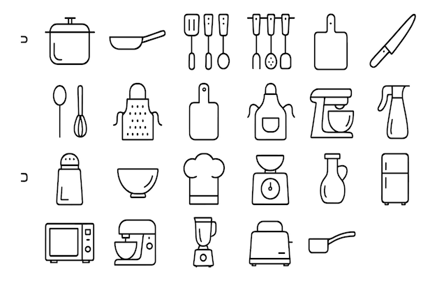 Kitchen utensils and appliances illustrated in a minimalist style for food preparation and cooking activities