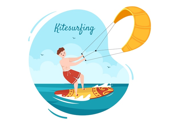 Kitesurf de verano de actividades deportivas acuáticas Ilustración de dibujos animados con montar una cometa grande en un tablero