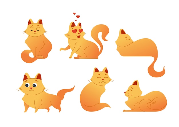 Vector kitty cat - conjunto de vectores modernos de personajes de animales de dibujos animados planos. imágenes de regalo de gatitos relajados, de pie, sentados, acostados, girando, sonriendo y pasándolo bien