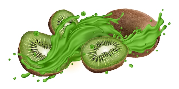 Kiwi entero y en rodajas en splash de jugo verde