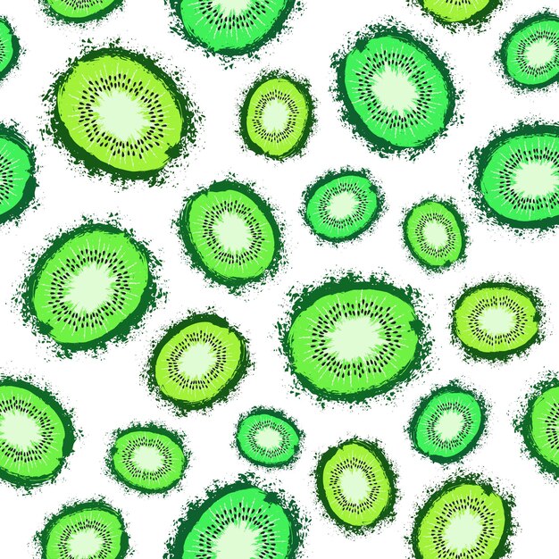 Kiwi fondo fruta patrón pintado decoración caótica sin costuras para papel tapiz de cocina impresión de carteles muebles textiles tela de moda rodajas de kiwi brillante con semillas ilustración vectorial