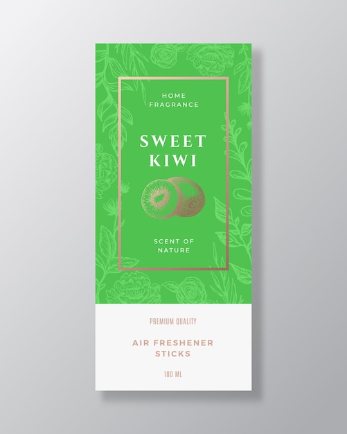 Kiwi fragancia casera resumen vector etiqueta plantilla boceto dibujado a mano flores hojas fondo y r ...