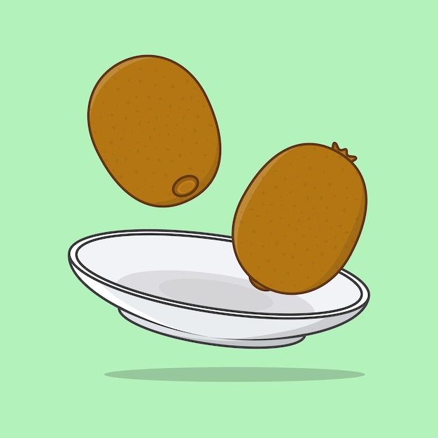 Kiwi en una ilustración de vector de dibujos animados de placa Contorno de icono plano de fruta de kiwi