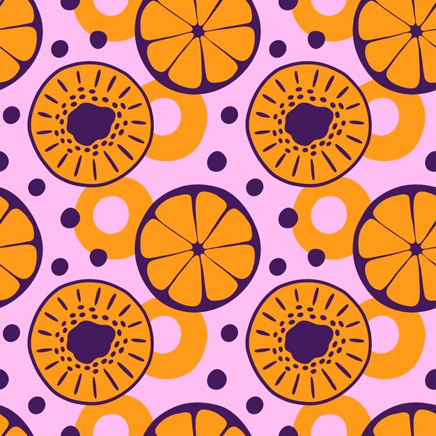Kiwi y naranja en amarillo y morado en patrón transparente de vector