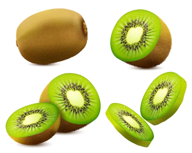 Kiwi realista. Jugosa fruta exótica entera, mitad y rebanada. Alimentos orgánicos frescos para una alimentación saludable. Baya tropical madura para postre dulce. vector de diseño 3D.