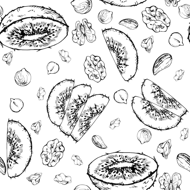 Kiwi verde y nuez mezcla de nuez almendra dieta y estilo de vida saludable cocina vegana tinta vectorial dibujada a mano