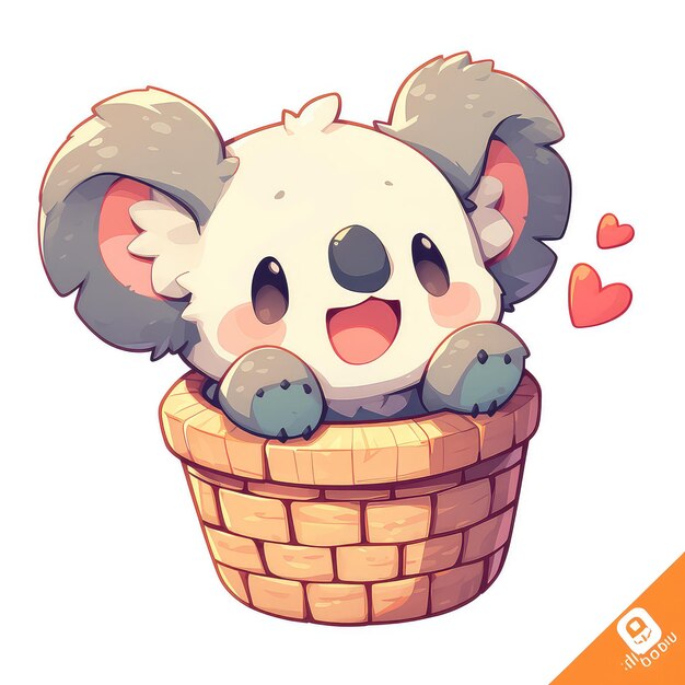 Un koala en una canasta de globo de aire caliente al estilo de dibujos animados