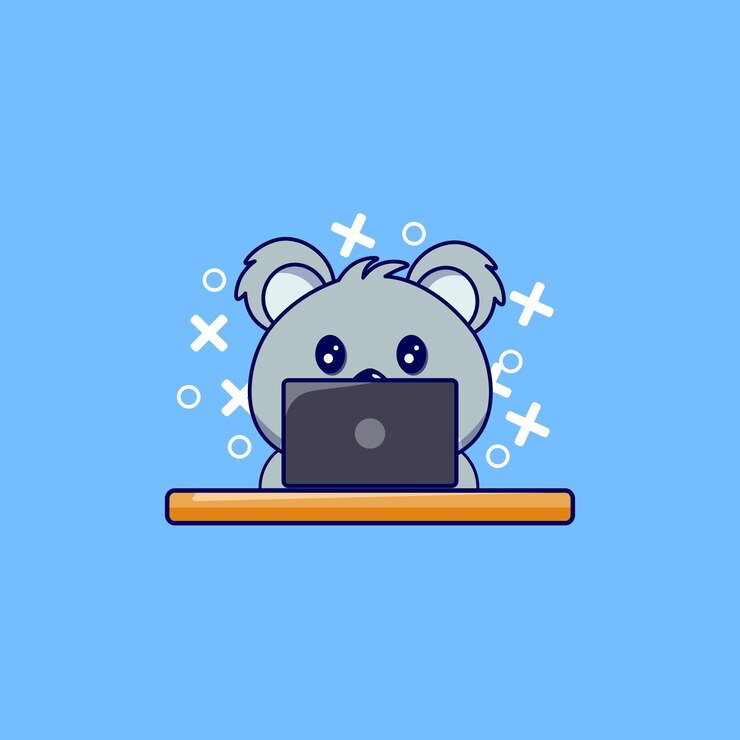 Vector koala de dibujos animados lindo usando ilustración de niños de vector de computadora portátil