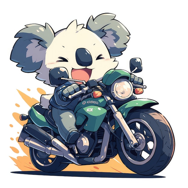 Un koala está montando una motocicleta al estilo de los dibujos animados