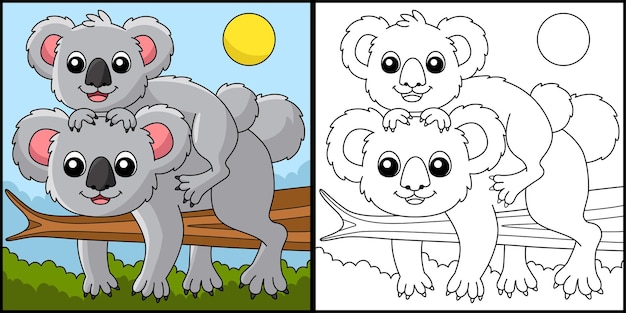 Koala con una ilustración de página para colorear de bebé