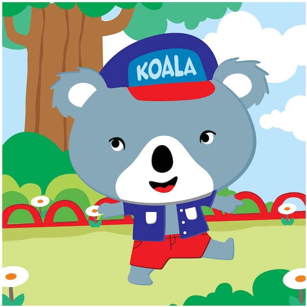 Koala kecil berjalan santai di taman yang indah