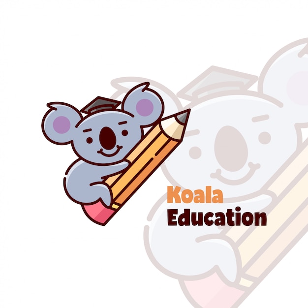 Koala linda con sombrero de graduación y abrazo un logotipo de dibujos animados a lápiz