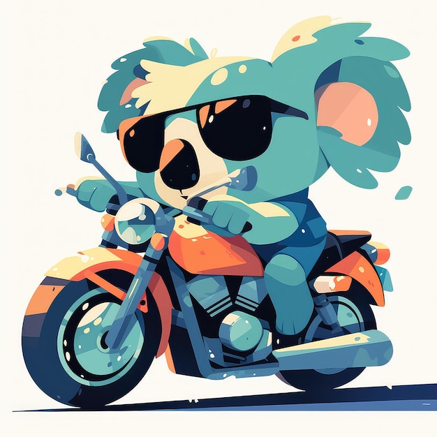 Un koala está montando una motocicleta al estilo de los dibujos animados