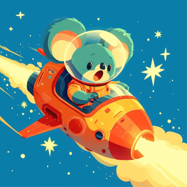 Un koala montando una nave espacial al estilo de las caricaturas