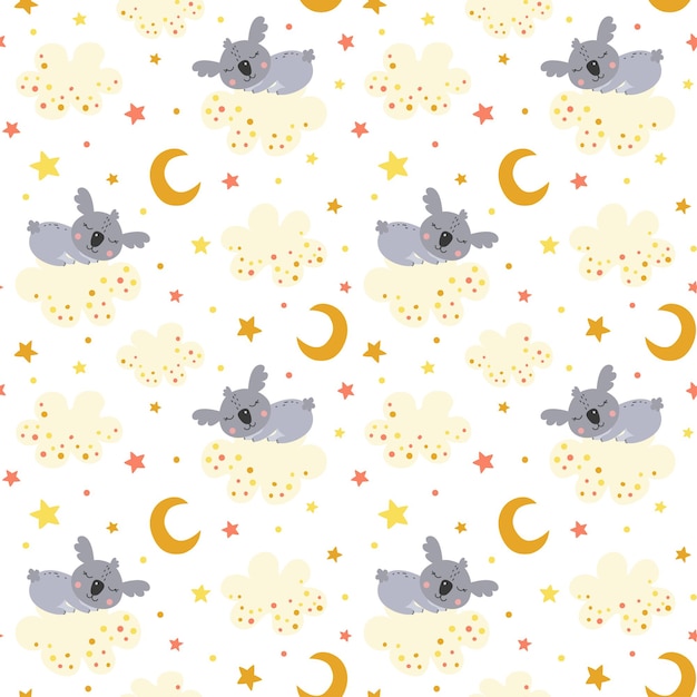 Koala de patrones sin fisuras repetir durmiendo en una nube de estrellas y luna en estilo de dibujos animados
