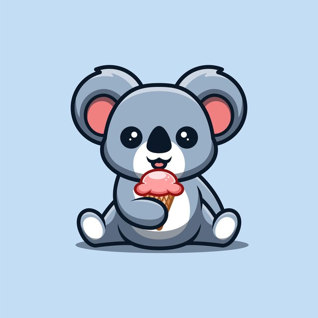 Koala sentado comiendo helado Cute Creative Kawaii Cartoon Mascot Logo
