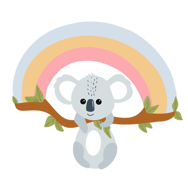 Un koala se sienta en una rama de un árbol con un arco iris en el fondo Impresión de ducha de bebé
