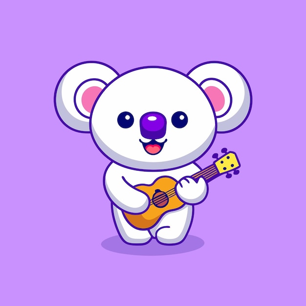un koala tocando una guitarra con un fondo púrpura