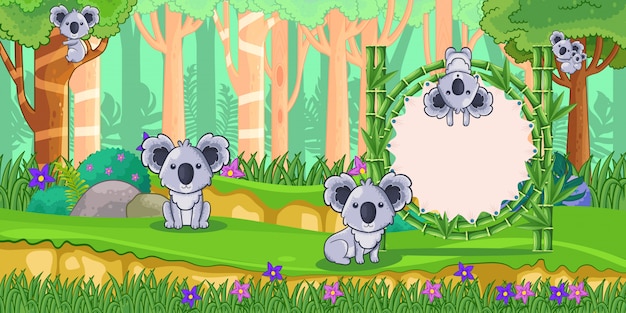 Vector koalas con un cartel de bambú en blanco en el bosque