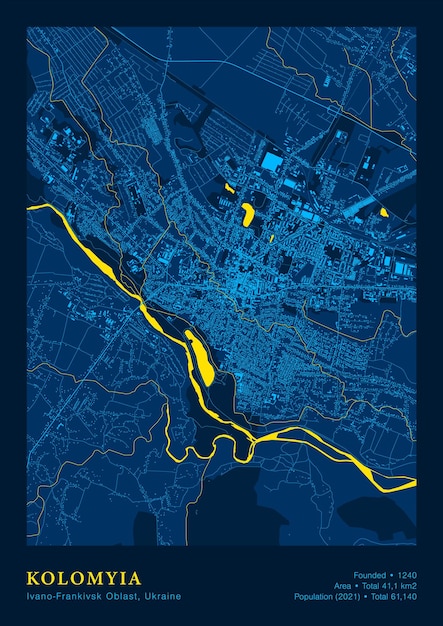 Kolomyia Map Vector Poster Mapa detallado alto en colores azul amarillo nacional